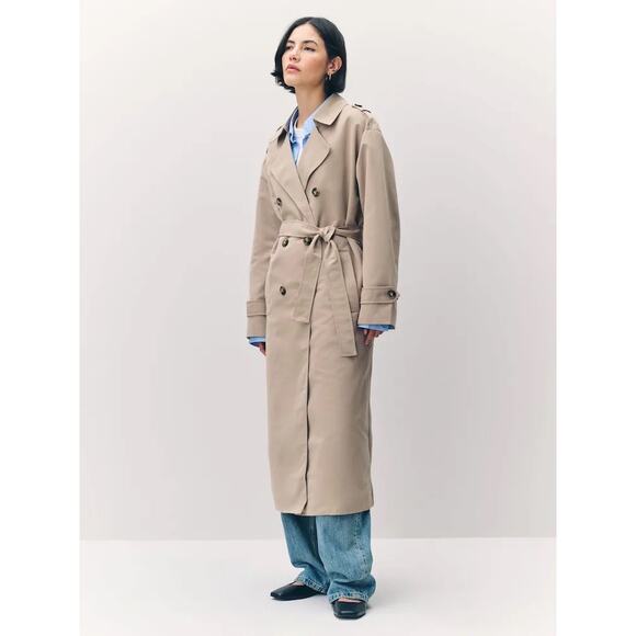 Vero Moda Womens XL Long Trenchcoat Tan Double Breasted Belt Old Money Classic - Picture 3 of 16
